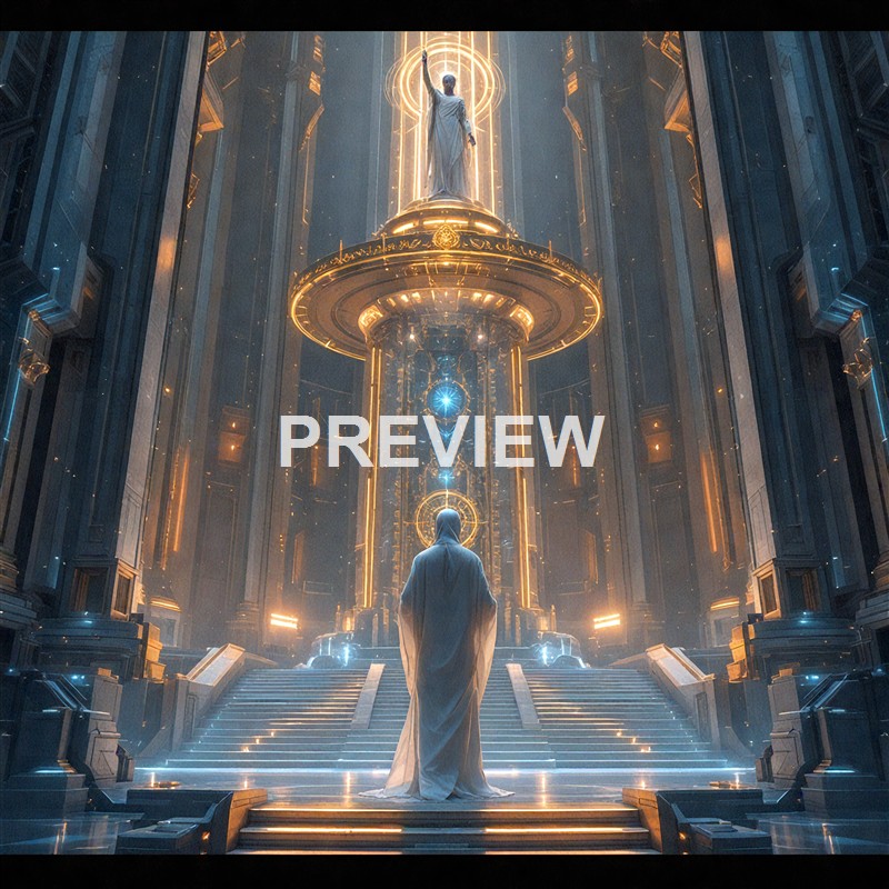 A person in a white robe stands on a grand staircase inside an ornate, futuristic hall illuminated by golden lights, facing a tall statue of a figure raising one arm, with glowing circular and geometric patterns surrounding it.